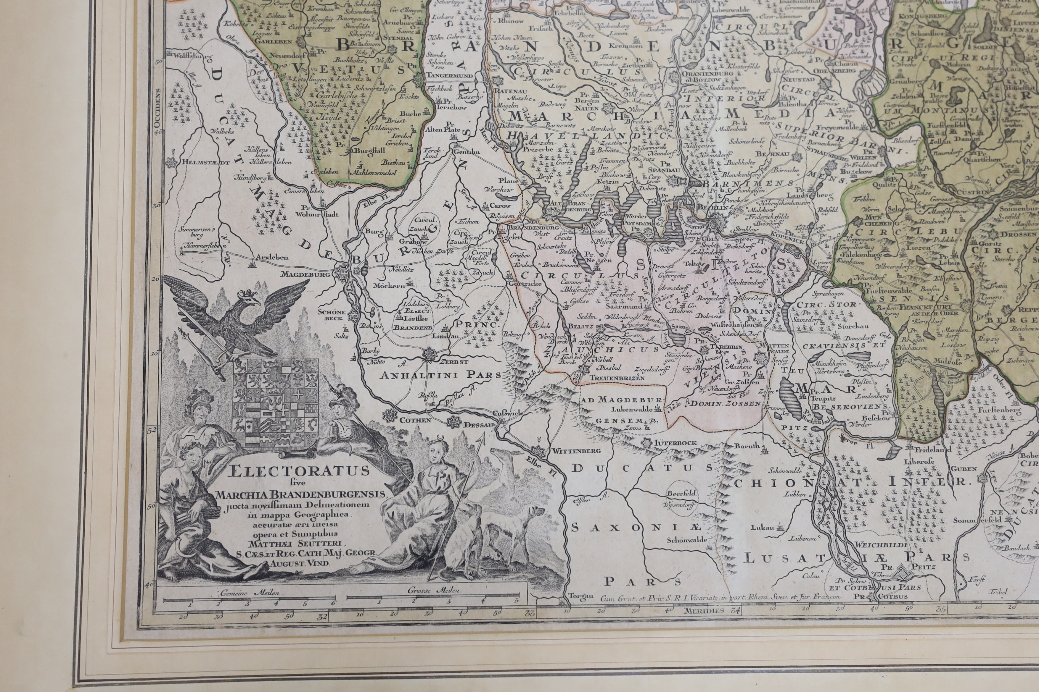 A framed hand coloured engraving, Map of Brandenburg, by Mattheus Seutter, c.1730, 57 x 50cm